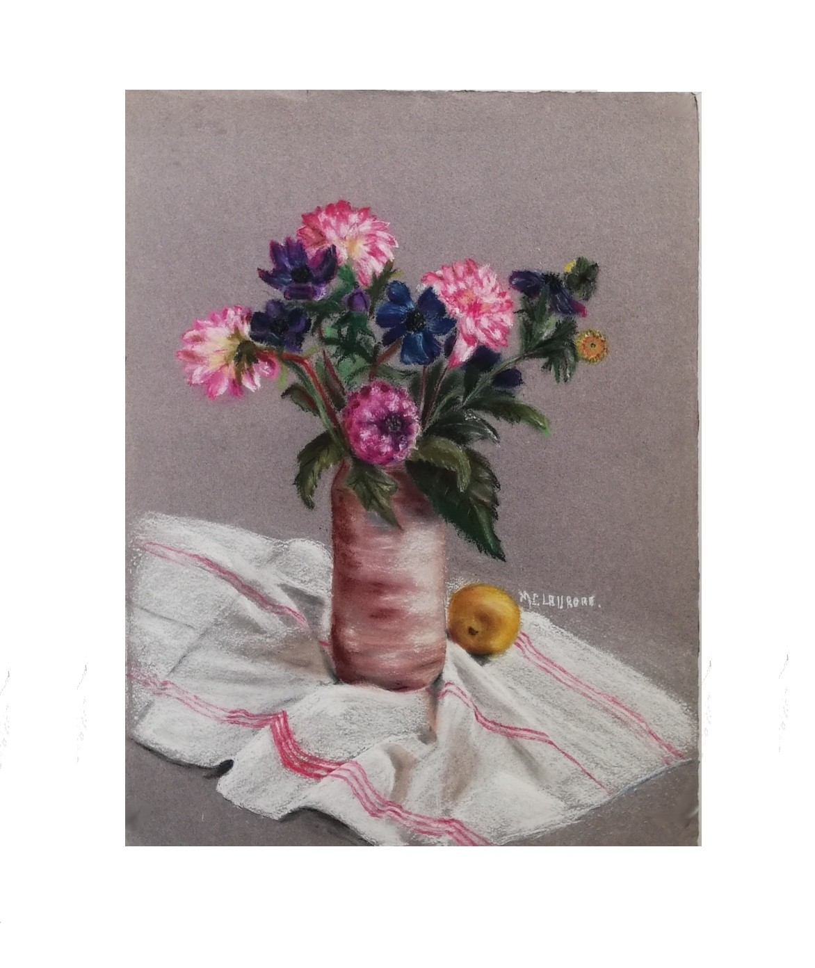 Bouquet de dalhias sur torchon  65 cm x 50