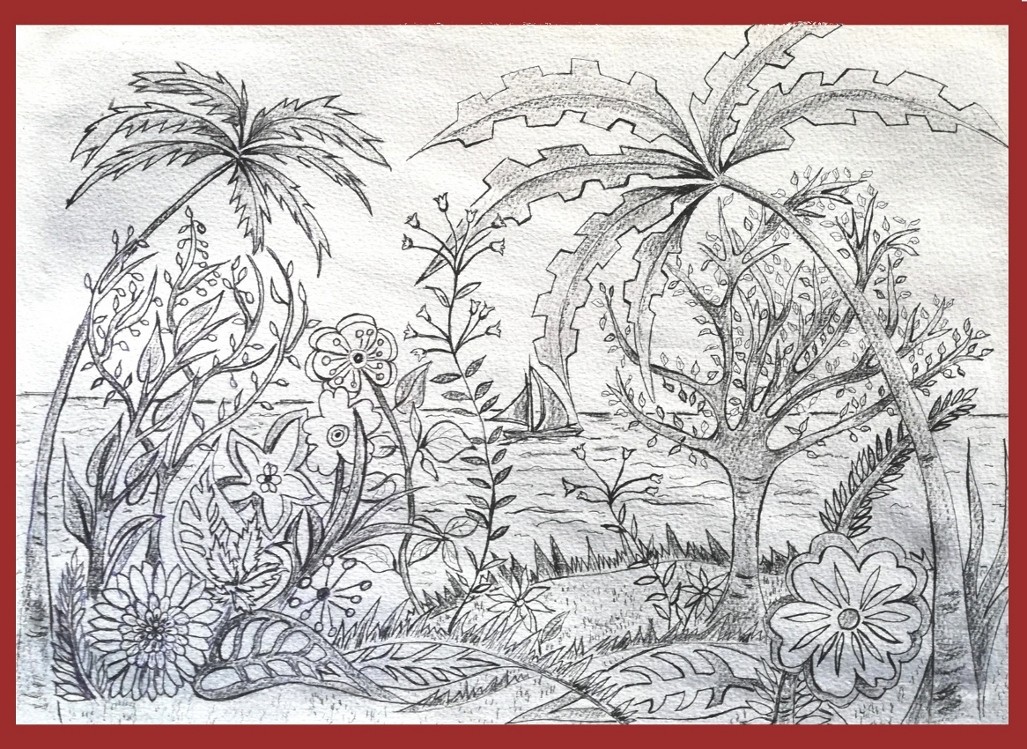 Paysage exotique . Graphite